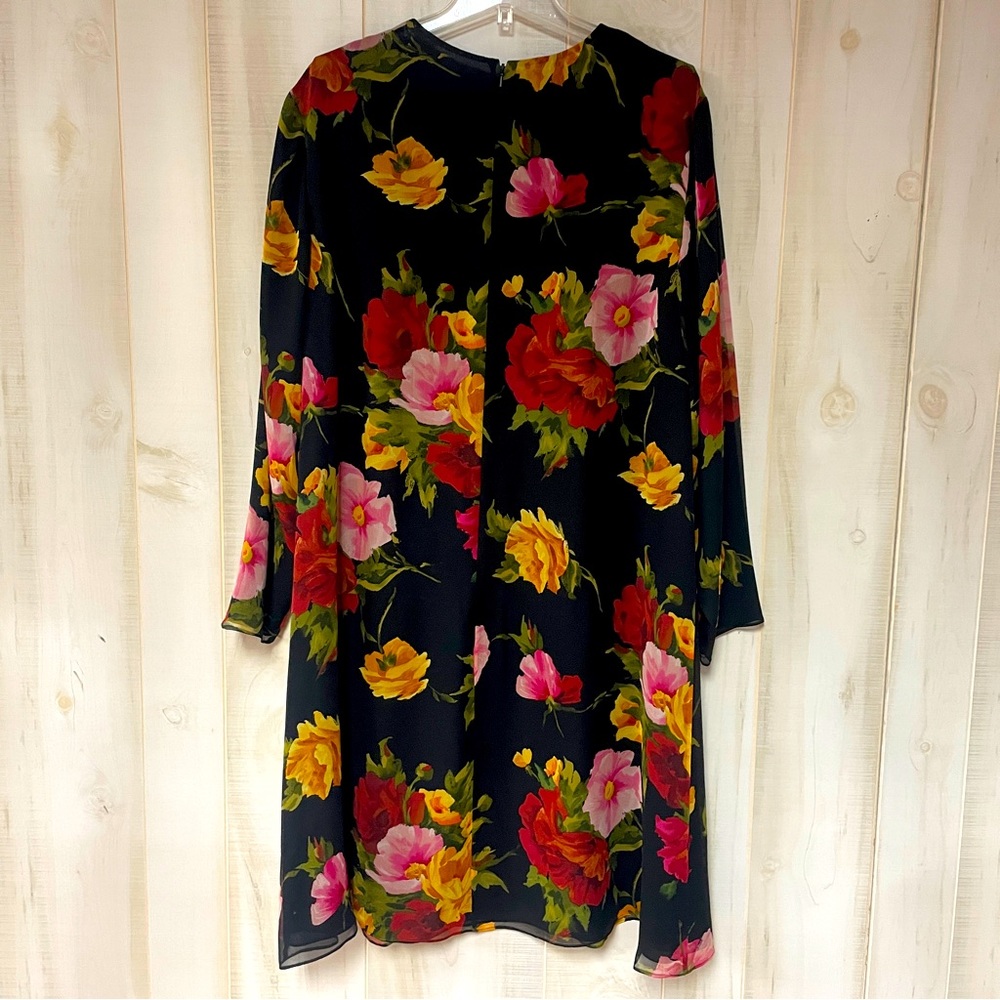 Linda Allard Ellen Tracy Silk Black Pink Floral Long Sleeve Sheath Dress Sz 18 - Picture 2 of 7